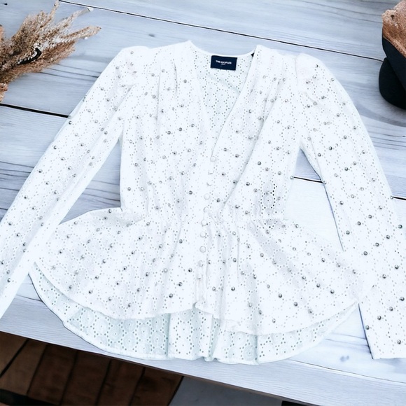 The Kooples Tops - The Kooples White Eyelet Cotton Peplum Studded Blouse